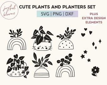 Può includere: Un set di illustrazioni digitali in bianco e nero con piante e vasi carini. Il set include una pianta in un vaso a forma di gatto, una pianta in un vaso a pois, una pianta in un vaso a righe, una pianta in un vaso arcobaleno e una pianta in un vaso a forma di gatto. Il set include anche elementi di design aggiuntivi come cuori, stelle e un fiore.