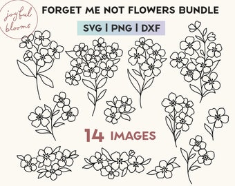 Hand Drawn Forget Me Not Flowers Bundle SVG PNG DXF Boho Floral Illustration Set Minimalist Line Drawing