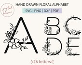 Hand Drawn Floral Alphabet SVG PNG DXF Monogram Cut Files for Cricut and Silhouette 26 Individual files Capital Alphabet Flower Letter