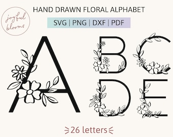 Hand Drawn Floral Alphabet SVG PNG DXF Monogram Cut Files for Cricut and Silhouette 26 Individual files Capital Alphabet Flower Letter