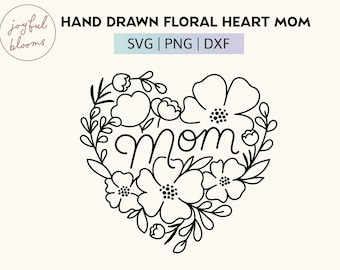 Handgetekende Floral Heart Mom Line Art - Boho Flowers SVG PNG DXF - Minimalistische Mother's Day Illustratie voor DiY Gifts, ambachten, design en kunst