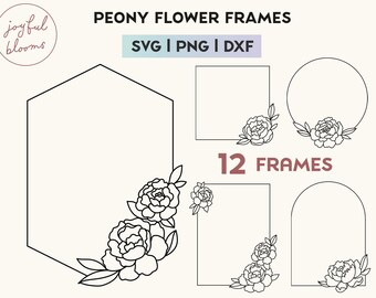 Fiori di peonia disegnati a mano Cornici Download digitale SVG PNG DXF File di taglio Boho Floral Minimalist Border Illustrations Disegni fai da te regali artigianali
