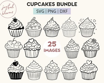 Adorable Cupcake Line Art Bundle, SVG PNG DXF Files, Sweet Desserts, Instant Download, DiY Craft Projects, Baking Lovers