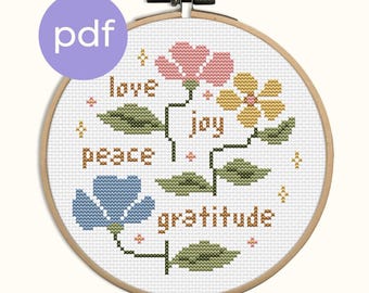Love Joy Peace Gratitude Counted Cross Stitch PDF Pattern Instant Download Positive Affirmation