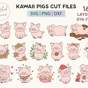 Cerdos de bebé Kawaii dibujados a mano en capas SVG PNG DXF capas Cricut Cut Files Adorable Pig Clip Art Descarga digital instantánea Cute Little Piggy