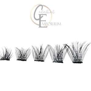 May include: Five clusters of black false eyelashes are arranged in a row. The lashes vary in size, with the smallest on the left and the largest on the right. The brand name "Celestial Emporium" is above the lashes.
