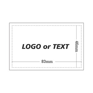 May include: A black and white line drawing of a rectangle with the text "LOGO or TEXT" inside. The rectangle is 83 mm wide and 46 mm high.