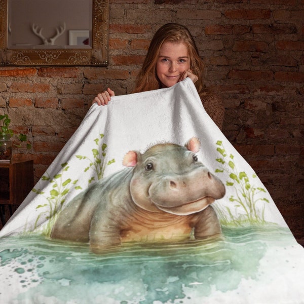 Hippo Blanket, Velveteen Plush Blanket, Hippopotamus Safari Nursery, Baby Shower Gift