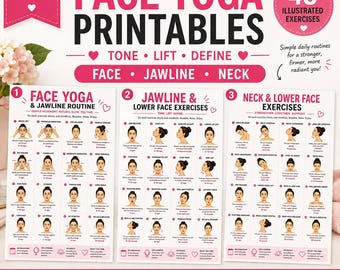Face Yoga Printable Bundle | 3 Facial Exercise Sheets | Jawline and Neck Routine