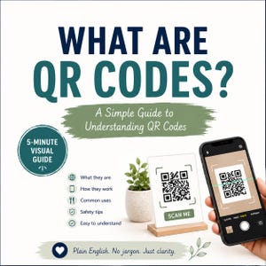 Op de afbeelding: Een visuele gids getiteld WHAT ARE QR CODES? A Simple Guide to Understanding QR Codes. Het toont een smartphone die een QR-code scant op een bord met een houten voet, een kleine potplant en een lijst met onderwerpen zoals veiligheidstips.