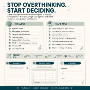 May include: A printable workbook titled STOP OVERTHINKING. START DECIDING. featuring sections for includes, helps you, and perfect for. It displays three worksheet templates: Brain Dump, Decision Matrix, and My Decision, with dark green text and accents.