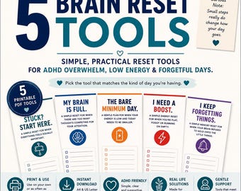 ADHD Brain Reset Tools | 5 Printable Worksheets for Overwhelm, Fog (Digital Download)