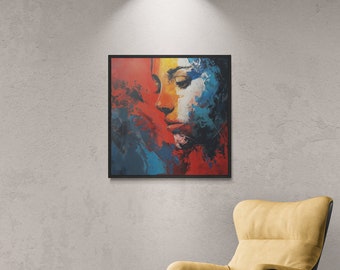 Colorful Abstract Woman Art Print, Large Framed Canvas Wrap | Blue And Orange Sad Art | Square Canvas 12x12 | 16x16 | 20x20 | 24x24 | 30x30