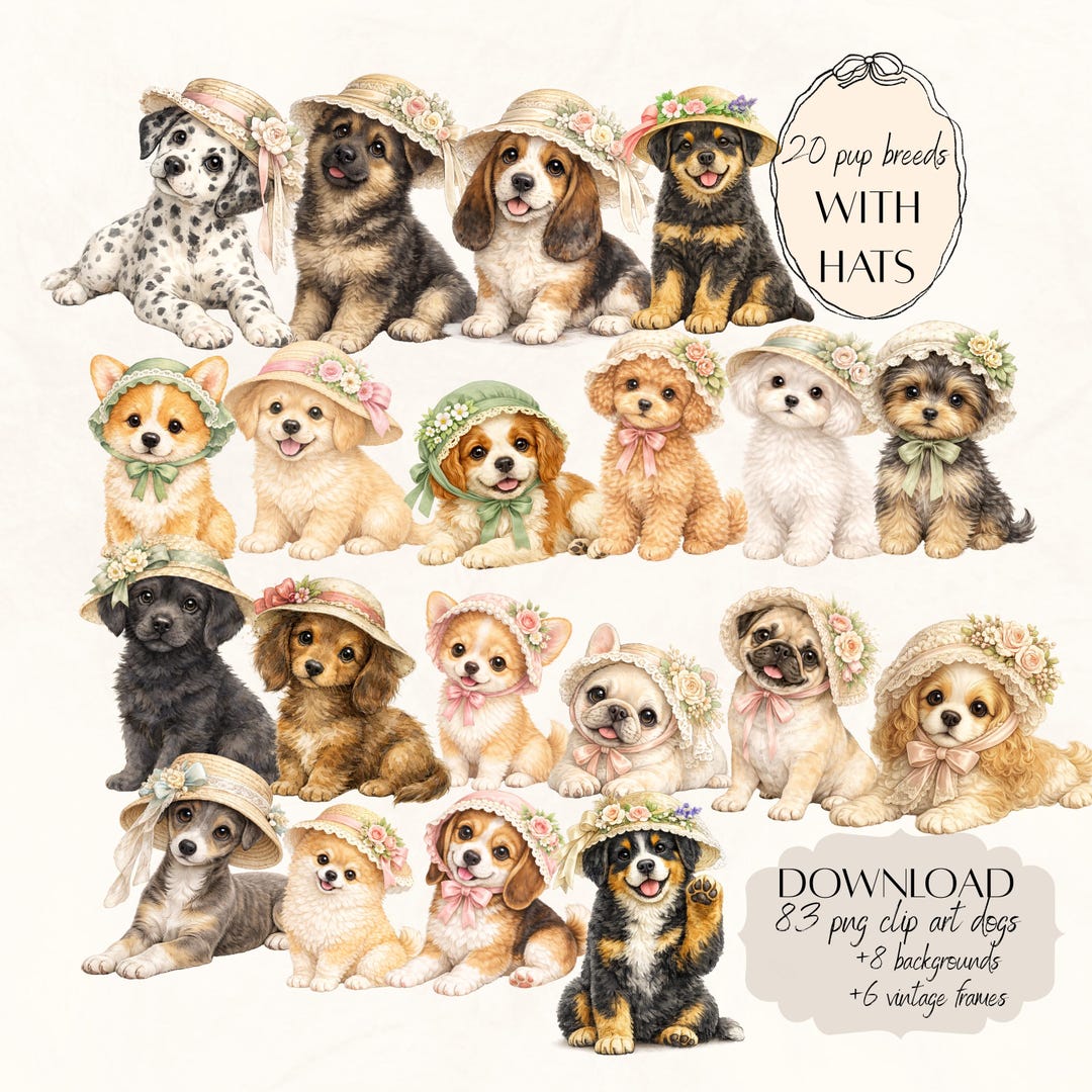 Puppy Clip Art Bundle Watercolor Dogs PNG Dogs With Hats & Dog Clipart ...