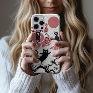 Fondo de pantalla para teléfono con diseño de gatos japoneses, diseño de tablero de estado de ánimo, divertida funda de gato negro, fundas para teléfono con diseño de gatos japoneses, diseño oscuro, animales, silicona transparente