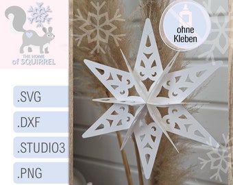May include: White paper snowflake ornament with intricate cutouts. The snowflake is hanging from a branch of dried pampas grass. The text "ohne Kleben" is visible in the image.