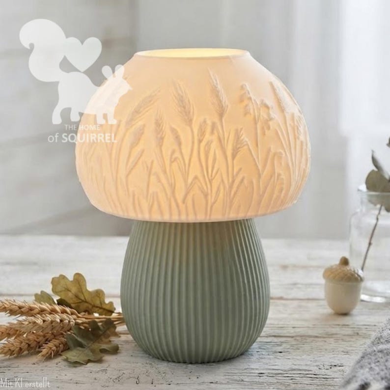 May include: A mushroom-shaped table lamp with a white translucent shade featuring embossed wheat stalks and a sage green ribbed base. The lamp emits a soft glow, and the shade displays a detailed texture of tall grasses and grain stems.