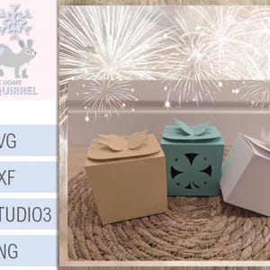Pu&ograve; includere: Tre scatole decorative beige, verde acqua e bianche, ciascuna con un abbellimento a farfalla o fiore sul coperchio. Le scatole sono esposte su un tappetino intrecciato. Il testo a sinistra dice: .SVG, .DXF, .STUDIO3, .PNG.