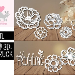 May include: White floral cutouts in various designs, including poppies and daisies, are arranged on a wooden surface. The word "Hello Spring" is also displayed. The image includes a squirrel logo and text indicating 3D printing files.