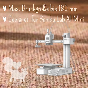 May include: A white 3D printer with a horizontal arm and a flat build plate. The text reads: Max. Druckgr&ouml;&szlig;e bis 180 mm and Geeignet f&uuml;r Bambu Lab A1 Mini. A white squirrel silhouette with a heart shape is visible in the lower left corner.