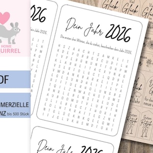 Puede incluir: PDF imprimible con un juego de búsqueda de palabras y etiquetas de regalo. El texto incluye "Dein Jahr 2026" y "Frohes neues Jahr". El diseño presenta un logotipo de ardilla y una licencia comercial para hasta 500 piezas.