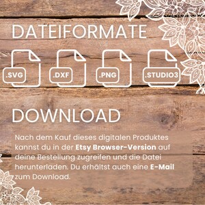 Może przedstawiać: Drewniane tło z białym tekstem, kt&oacute;ry brzmi "DATEIFORMATE" i "DOWNLOAD". Pod tekstem znajdują się cztery białe ikony z typami plik&oacute;w .SVG, .DXF, .PNG i .STUDIO3. Tekst pod ikonami brzmi "Nach dem Kauf dieses digitalen Produktes kannst du in der Etsy Browser-Version auf deine Bestellung zugreifen und die Datei herunterladen. Du erh&auml;ltst auch eine E-Mail zum Download."