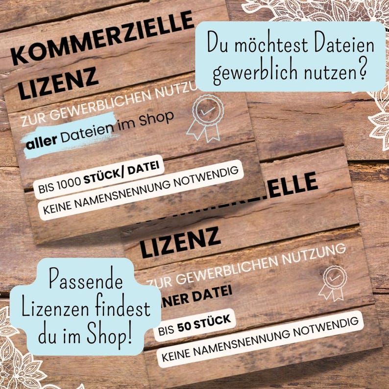 Op de afbeelding: Houten achtergrond met tekst over commerci&euml;le licenties. De tekst bevat zinnen als 'commerci&euml;le licentie', 'bestanden in de shop' en 'tot 1000 stuks/bestand'. Extra tekst zegt 'geen naamsvermelding vereist'.