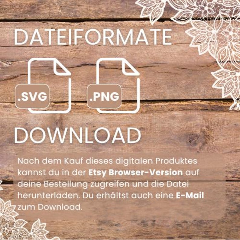 Op de afbeelding: Afbeelding met tekst: DATEIFORMATE, .SVG, .PNG, DOWNLOAD. Duitse tekst legt uit hoe u het digitale product na aankoop kunt downloaden via de Etsy browserversie.