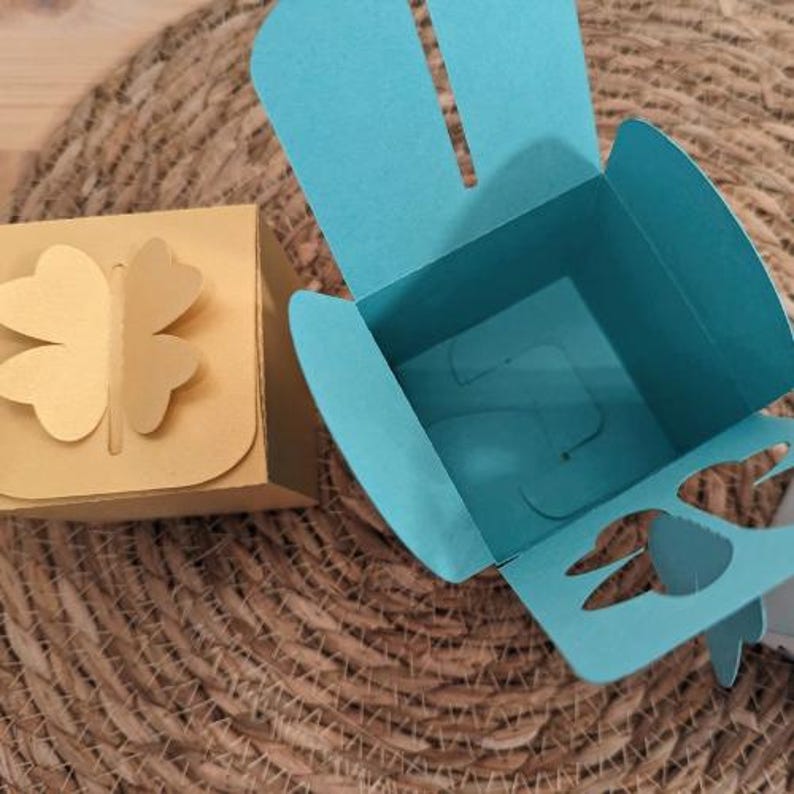 Pu&ograve; includere: Due scatole di cartone. Una &egrave; dorata con un ritaglio a forma di farfalla sul davanti. L'altra &egrave; aperta e turchese, con un porta cupcake. Le scatole sono su una superficie intrecciata, beige.