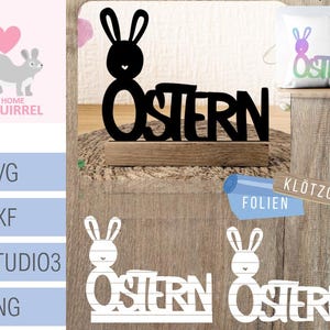 Könnte beinhalten: Ein schwarz-weißes digitales Design mit einem Hasen und dem Wort "OSTERN" in fetter Schrift. Das Design eignet sich perfekt für die Erstellung eines festlichen Oster-Schilds oder einer Dekoration.
