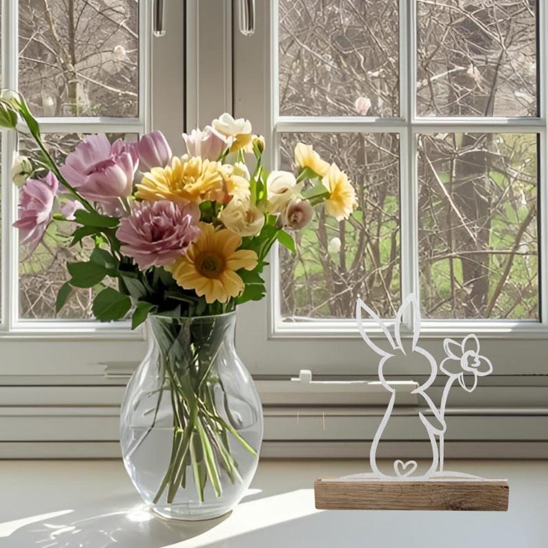 Op de afbeelding: Een heldere glazen vaas bevat een boeket kleurrijke bloemen, waaronder roze tulpen en gele madeliefjes, op een vensterbank. Een witmetalen konijnenfiguur met een bloem staat op een houten voet.