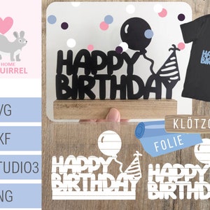 Puede incluir: Un archivo de diseño digital para una tarjeta de felicitación de Feliz Cumpleaños con un globo y un gorro de fiesta. El diseño está disponible en los formatos SVG, DXF, STUDIO3 y PNG.