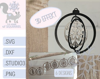 May include: Six snowflake designs for 3D ornaments. The designs are cut from wood and feature a snowflake pattern. The designs are shown hanging from a branch. The text "3D EFFEKT" and "6 DESIGNS" are also visible in the image.