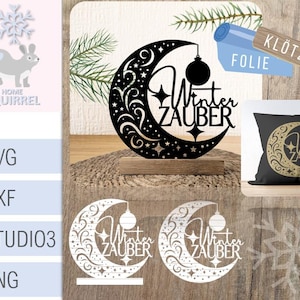 Op de afbeelding: Een zwart-wit silhouet van een halve maan met sterren en krulletjes. De maan heeft de tekst "Winterzauber" erop. Er zijn twee witte versies van het maandesign, een met een gouden achtergrond en een met een witte achtergrond. De afbeelding bevat ook een kussen met een gouden halve maandesign en de tekst "Winterzauber" erop.