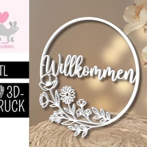 Anillo decorativo impreso en 3D con archivo STL y la inscripción "Welcome", filigrana floral, corona para puerta, decoración floral, anillo para ventana, anillo para puerta, anillo de corona
