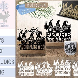 May include: A collection of Christmas-themed decorations featuring gnomes and the words "Frohe Weihnachten." Includes a pillow, a mug, and several cut-out designs. The designs are black and white, with a rustic aesthetic.