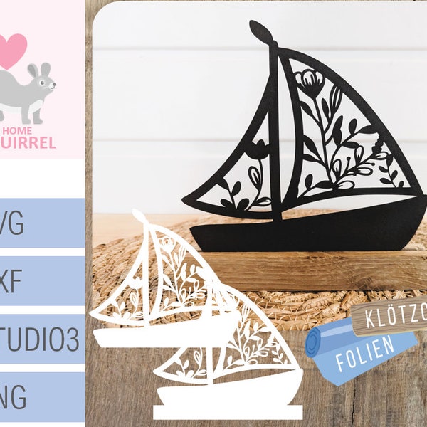 Plotterdatei Klötzchendeko Schiff Boot floral Sommer SVG Klötzchen Blumen Meer maritim Dekoration Deko Nordsee Skandi boat Laserdatei dxf