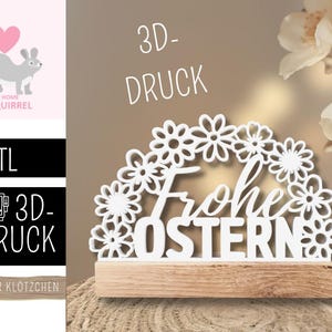 Puede incluir: Decoración de Pascua blanca impresa en 3D con las palabras "Frohe OSTERN" en un diseño floral, colocada sobre una base de madera. La imagen también incluye el texto "3D-DRUCK".