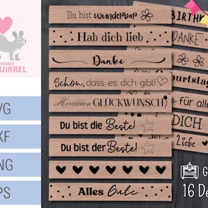 May include: Sixteen wooden plaques with German phrases engraved on them, including "Du bist wunderbar" and "Alles Gute". The plaques are decorated with hearts, stars, and other designs. The image also shows a squirrel logo and file type icons.