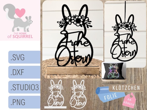 Plotterdatei Laserdatei Osterhase Blumenkranz Frohe Ostern Hase Klötzchen Plotter Frühlingsdeko Frühling Klötzchendeko Osterdeko SVG dxf png