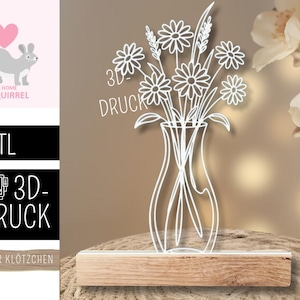 May include: A white, 3D-printed floral vase with daisies, displayed on a wooden base. The image includes text that says "3D-DRUCK" and "STL". The background is a neutral color with soft lighting.