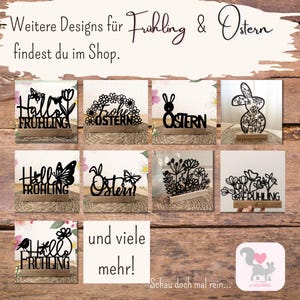 Op de afbeelding: Een verzameling zwarte lasergesneden houten decoraties voor de lente en Pasen. Ontwerpen omvatten bloemen- en konijnenmotieven, met teksten als "Hallo Lente" en "Vrolijk Pasen".