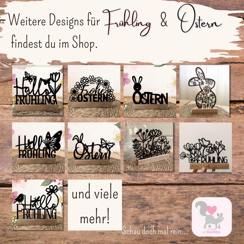 Op de afbeelding: Een verzameling zwarte lasergesneden houten decoraties voor de lente en Pasen. Ontwerpen omvatten bloemen- en konijnenmotieven, met teksten als "Hallo Lente" en "Vrolijk Pasen".