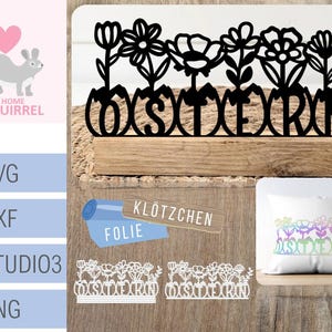 Könnte beinhalten: Schwarz-weiße Silhouette des Wortes "Ostern" mit floralen Designs. Das Wort befindet sich auf einer Holzbasis. Das Bild zeigt auch eine weiße Silhouette des Wortes "Ostern" mit floralen Designs auf hellem Holz.