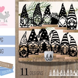 May include: Black and white gnome designs, including 11 different designs, are displayed on a wooden background. The image includes a small cup with gnome designs and the text ".SVG" and ".PNG".