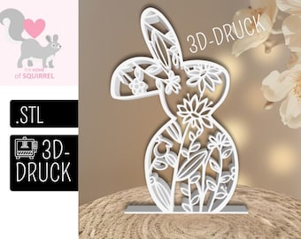 Soporte de conejo de Pascua con flores y adornos florales, archivo STL impreso en 3D, perfecto como regalo, recuerdo o decoración de Pascua. Decoración de Pascua, figura de conejo.