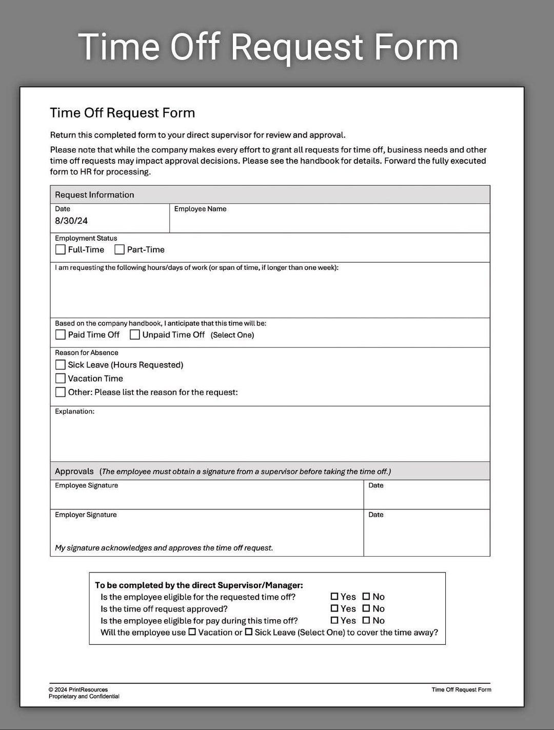 Form Timetitle Employee Time off Request Form - Etsy