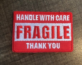 FRAGILE patch, Handle with care patch, red and white patch, iron on/ sew on patch cotton embroidery patch