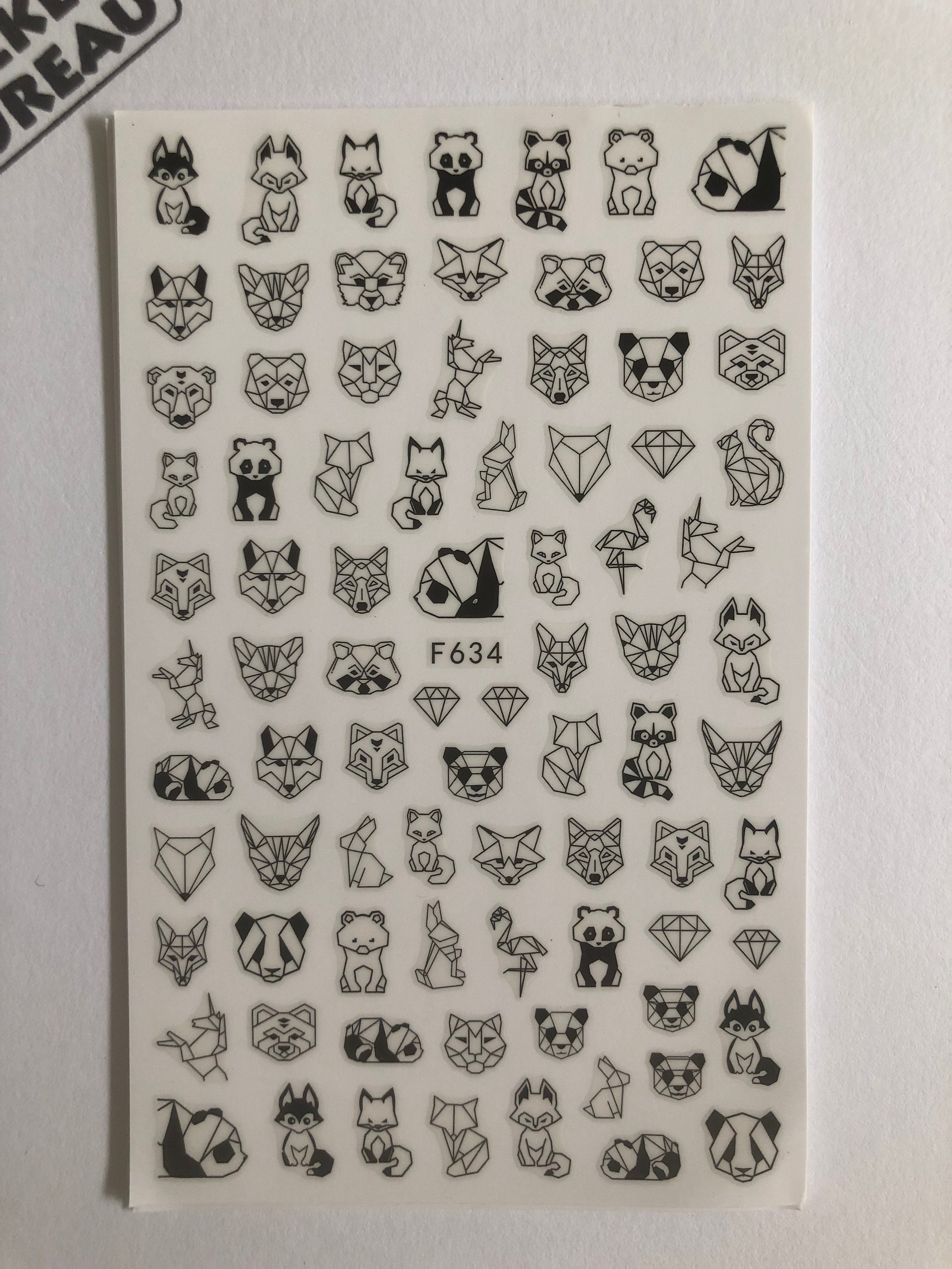 Geometric animals sticker sheet, small nail art stickers, black and white.