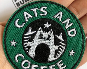 Cats and coffee patch, iron on / sew on cotton patch, green, white and black cat patch coffee patch